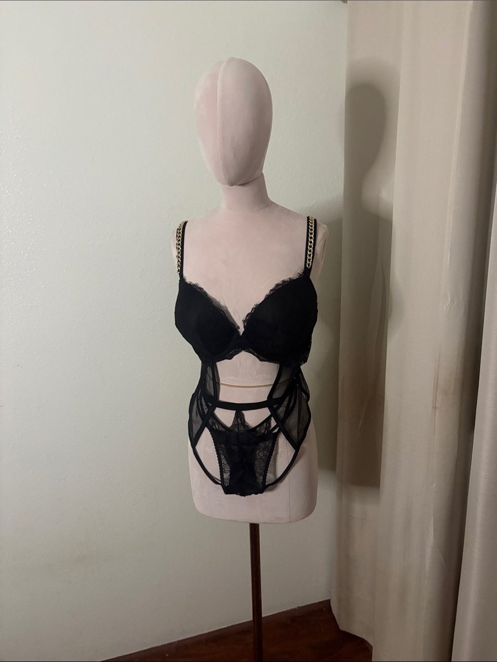 Victoria's Secret Black Lace Strappy Bustier with Gold-Chain Straps